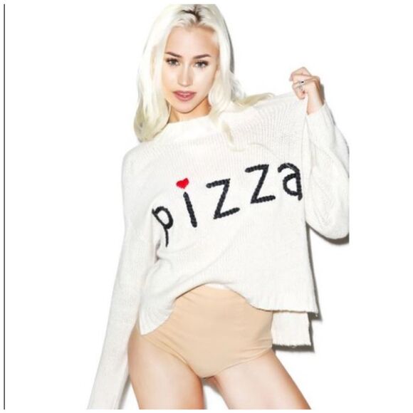 Wildfox Pizza Knit Chunky Sweater Pullover Cream Boxy Women’s Size Small - Picture 1 of 9
